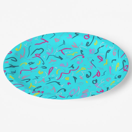 Blue Print mit 90ern Vibes Pappteller (Schrägansicht)