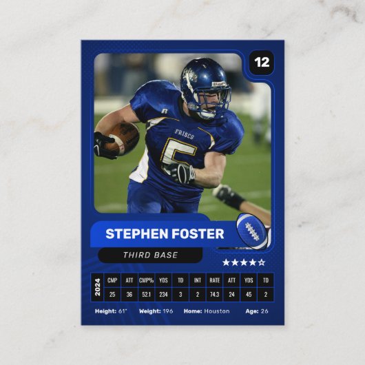 Blue Pro American Football Player Trading Card Telefonnummerkarte (Vorderseite)