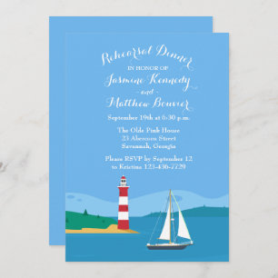 Blue Probe Dinner Nautical Lighthouse Sailboat Einladung