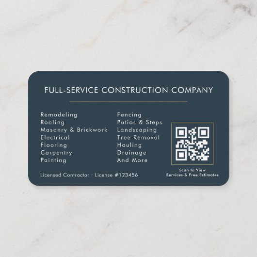 Blue Professional Contractor & Builder QR Code Visitenkarte (Rückseite)