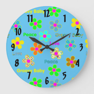 Blue Psychedelic 60s Groovy Flowers Pattern Große Wanduhr