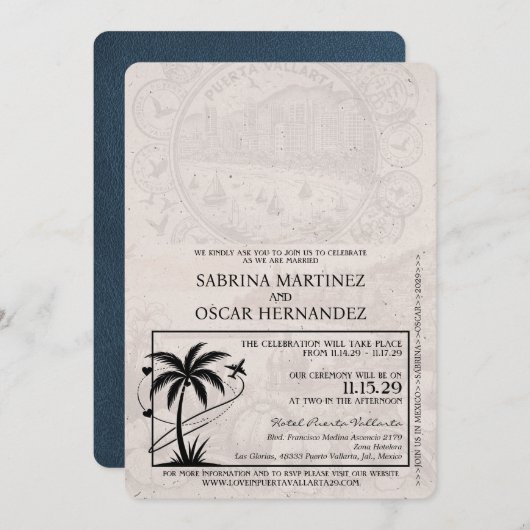 Blue Puerta Vallarta Passport Wedding Einladung (Vorne/Hinten)