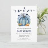 Blue Pumpkin Baby Boy Fall Sip und sehen Sie Greet Einladung (Stehend Vorderseite)
