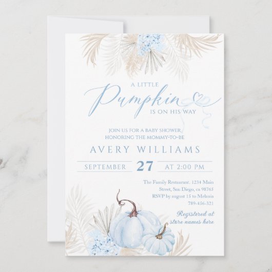 Blue Pumpkin Bow Boho Floral Boy Baby Dusche Einladung (Vorderseite)