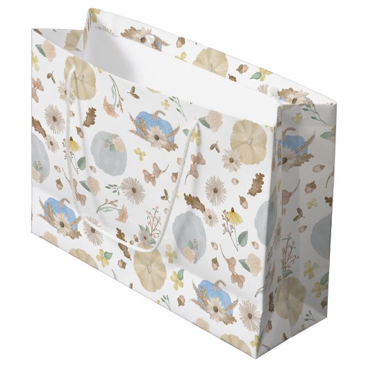 Blue Pumpkin Fall Floral Geschenktasche Große Geschenktüte (Vorderseite Schrägansicht)