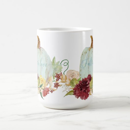 Blue Pumpkin Fall Liebe Skript Typografie Floral Kaffeetasse (Mittel)