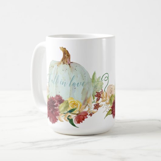 Blue Pumpkin Fall Liebe Skript Typografie Floral Kaffeetasse (Vorderseite Links)