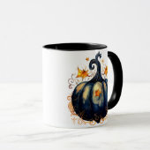 Blue Pumpkin Gold Scrolls Blätter Halloween Tasse (VorderseiteRechts)