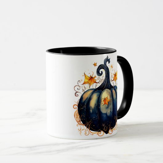 Blue Pumpkin Gold Scrolls Blätter Halloween Tasse (VorderseiteRechts)