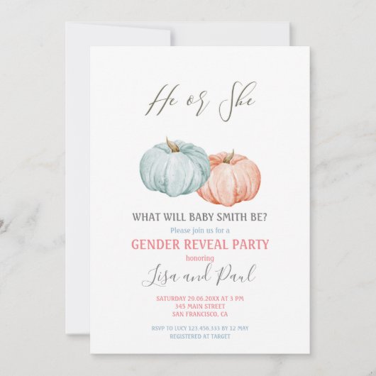 Blue Pumpkin He or She Gender Reveal Einladung (Vorderseite)