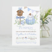 Blue Pumpkin Patch Birdhouse Boy Baby Dusche Einladung (Stehend Vorderseite)