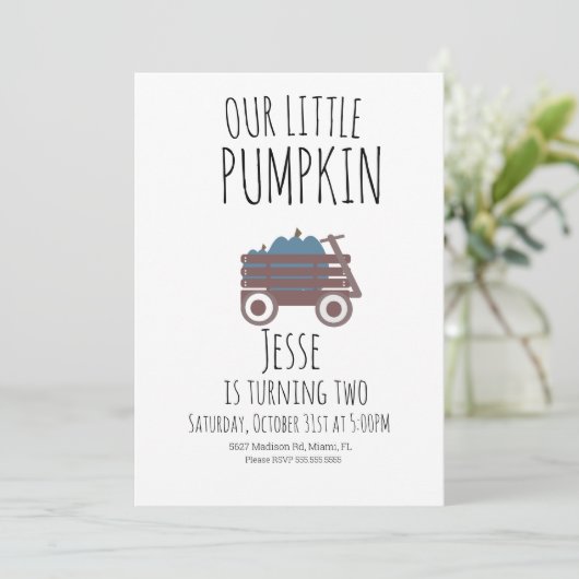 Blue Pumpkin Patch Halloween Pumpkins Wagon Einladung (Stehend Vorderseite)