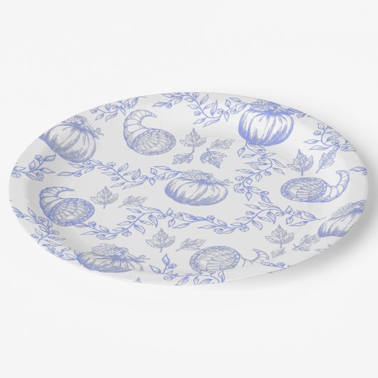 Blue Pumpkin Toile Round plate Pappteller (Schrägansicht)