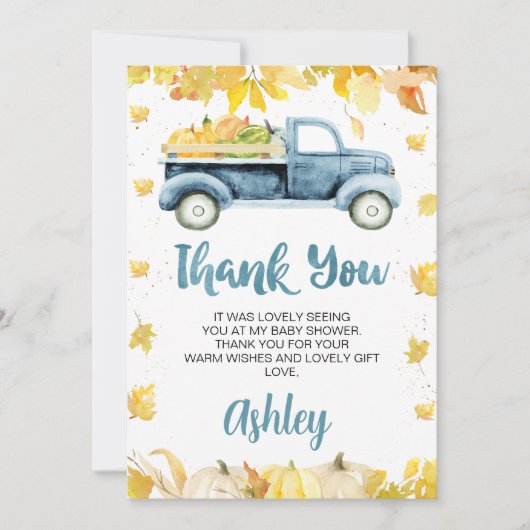 Blue Pumpkin Truck Baby Dusche Danke Karte (Vorderseite)