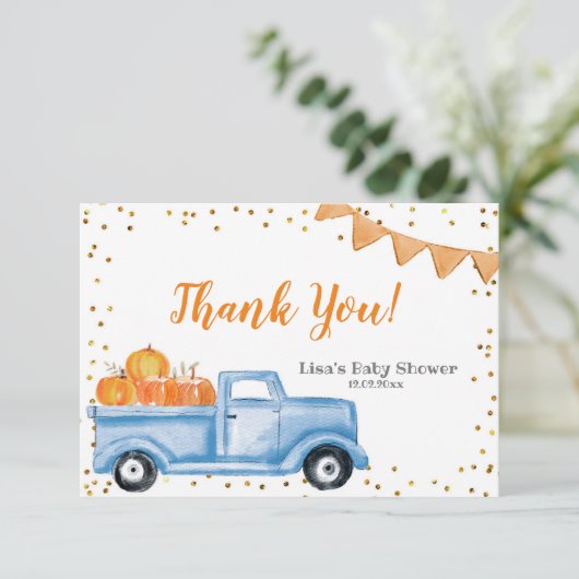Blue Pumpkin Truck Baby Dusche Danke Karte (Stehend Vorderseite)