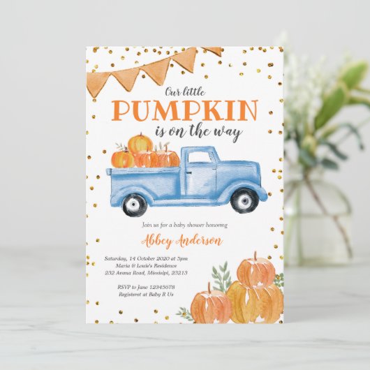 Blue Pumpkin Truck Baby Dusche Einladung (Stehend Vorderseite)