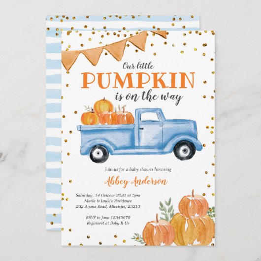 Blue Pumpkin Truck Baby Dusche Einladung (Vorne/Hinten)