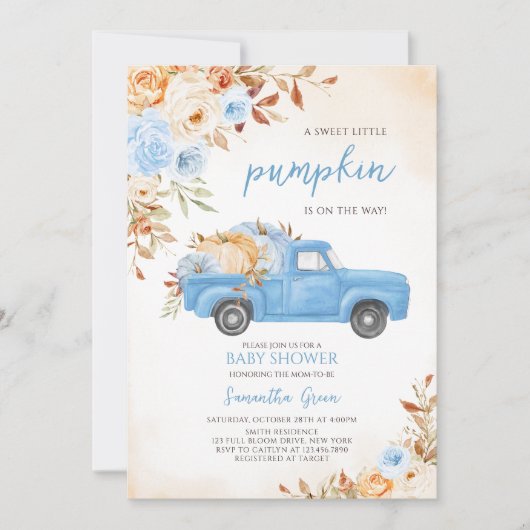 Blue Pumpkin Truck Baby Dusche Einladung (Vorderseite)
