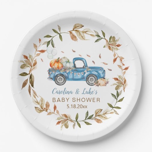 Blue Pumpkin Truck Baby Dusche Party Paper Teller (Vorderseite)