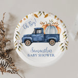 Blue Pumpkin Truck Baby Duschpapier Pappteller<br><div class="desc">Blue Pumpkin Truck Baby Shower Paper Plate Boy's Herbst Blätter Kürbiskürbis Baby Duschpapierteller mit einem dunkelblauen LKW und hellblauen und orangen Kürbis. Dieses Design ist auch mit braunem Blattwerk und Punkten versehen. Die Babyduschplatte des Kürbiskampfflugzeugs eignet sich ideal für eine Babydusche im Herbst.</div>