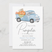 Blue Pumpkin Truck Gingham Boy 1. Geburtstag Einladung (Vorderseite)