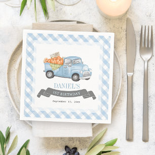 Blue Pumpkin Truck Gingham Boy 1. Geburtstag Serviette