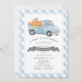 Blue Pumpkin Truck Gingham Boy Baby Dusche Einladung (Vorderseite)