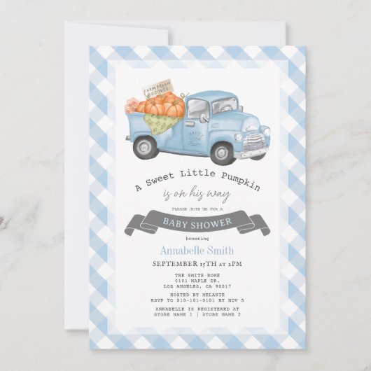 Blue Pumpkin Truck Gingham Boy Baby Dusche Einladung (Vorderseite)