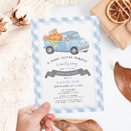 Blue Pumpkin Truck Gingham Boy Baby Dusche Einladung