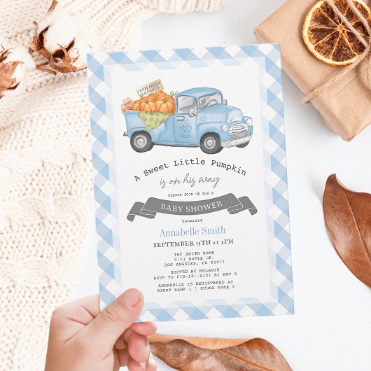 Blue Pumpkin Truck Gingham Boy Baby Dusche Einladung