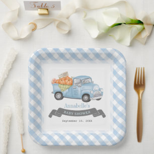 Blue Pumpkin Truck Gingham Boy Baby Dusche Pappteller