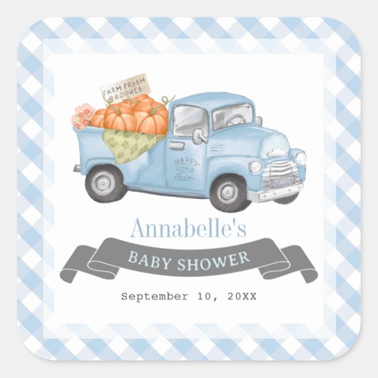 Blue Pumpkin Truck Gingham Boy Baby Dusche Quadratischer Aufkleber (Vorderseite)