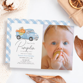 Blue Pumpkin Truck Gingham Boy Foto 1. Geburtstag Einladung