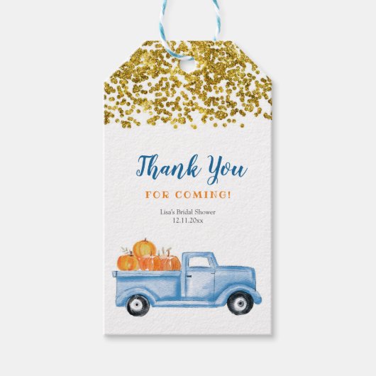 Blue Pumpkin Truck Gold Imitate Danke Tag Geschenkanhänger (Vorderseite)