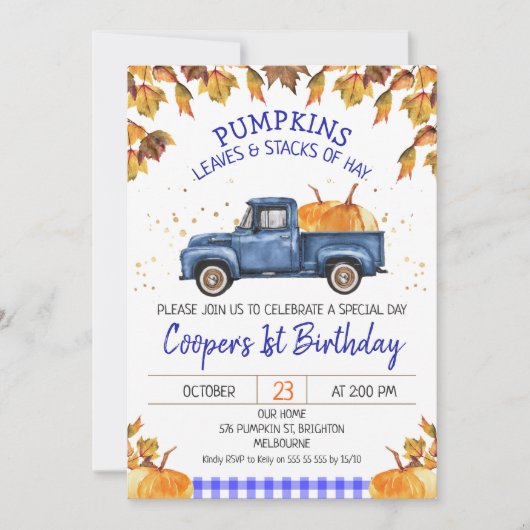Blue Pumpkin Truck Herbstblatt Geburtstag Einladung (Vorderseite)