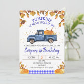 Blue Pumpkin Truck Herbstblatt Geburtstag Einladung (Stehend Vorderseite)