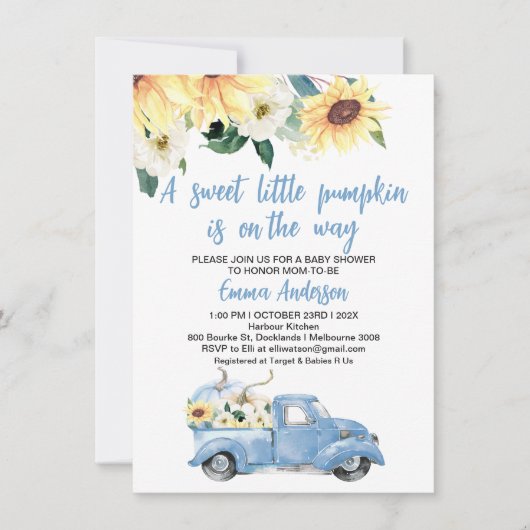 Blue Pumpkin Truck Sunflowers Babydusche Einladung (Vorderseite)