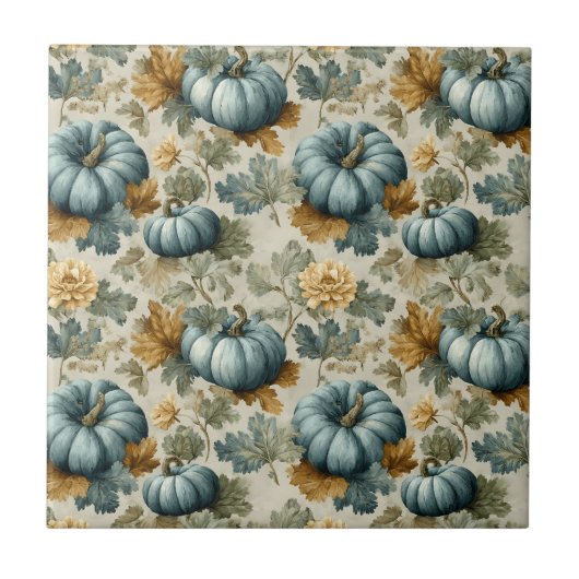 Blue Pumpkin und Autumn Leaves Fall Pattern Fliese (Vorderseite)
