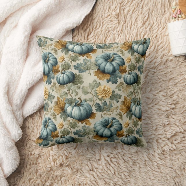 Blue Pumpkin und Autumn Leaves Fall Pattern Kissen (Decke)