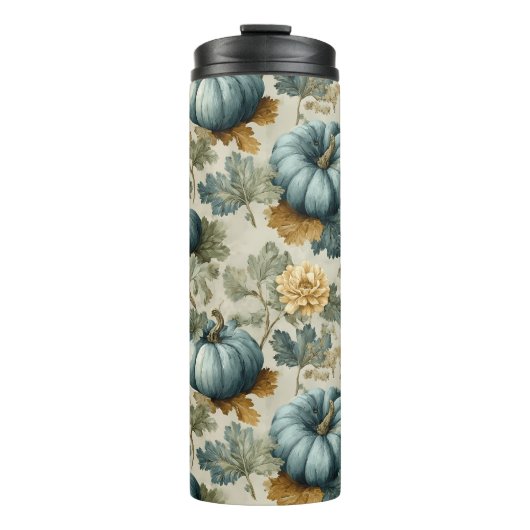 Blue Pumpkin und Autumn Leaves Fall Pattern Thermosbecher (Vorderseite)