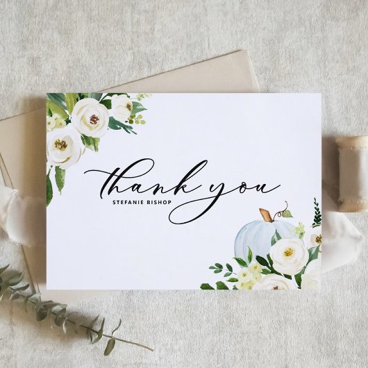 Blue Pumpkin und Greenery Autumn Baby Shower Dankeskarte