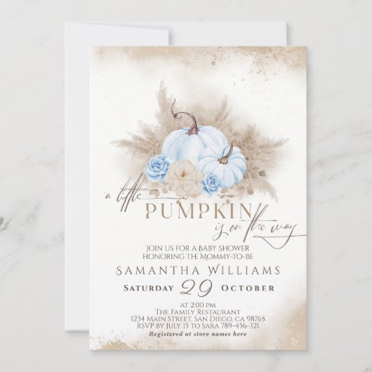 Blue Pumpkin Watercolor Boho Babydusche Einladung (Vorderseite)