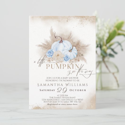 Blue Pumpkin Watercolor Boho Babydusche Einladung (Stehend Vorderseite)