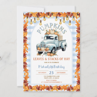 Blue Pumpkins Blätter und Stapel von Hay Birthday Einladung