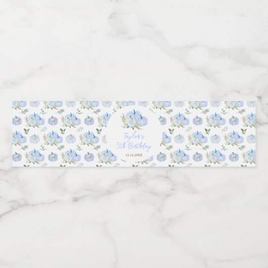 Blue Pumpkins Floral Birthday Party Wasserflaschenetikett (Einzelnes Label)
