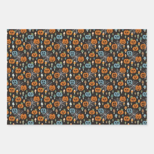 Blue Pumpkins Ghosts Skulls Halloween Patterns Geschenkpapier Set (Vorderseite 2)