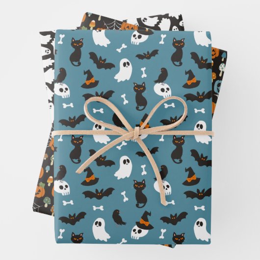 Blue Pumpkins Ghosts Skulls Halloween Patterns Geschenkpapier Set (Beispiel)