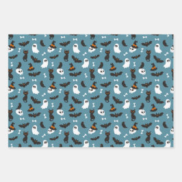 Blue Pumpkins Ghosts Skulls Halloween Patterns Geschenkpapier Set