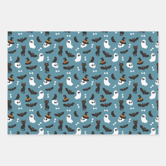 Blue Pumpkins Ghosts Skulls Halloween Patterns Geschenkpapier Set (Vorderseite)