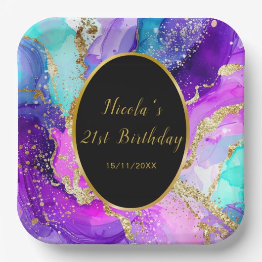 Blue, Purple and Gold Ink Birthday Party Pappteller (Vorderseite)